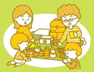 防災セットの確認をする家族