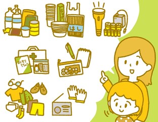 防災セットの中身を確認する母親と娘