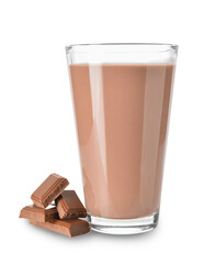 Glass of tasty chocolate milk on white background