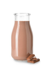 Bottle of tasty chocolate milk on white background