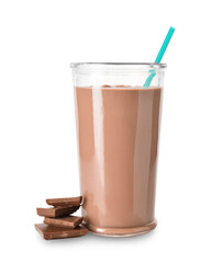 Glass of tasty chocolate milk on white background