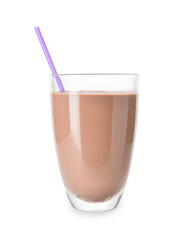 Glass of tasty chocolate milk on white background