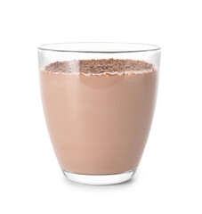 Glass of tasty chocolate milk on white background