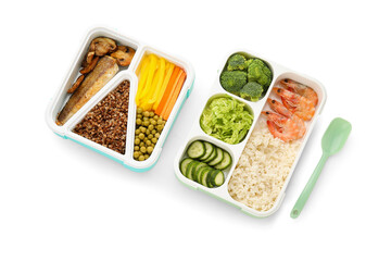 Containers with natural healthy food and spoon on white background