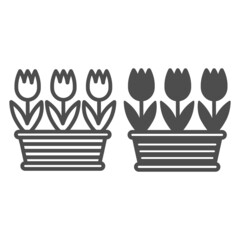 Pot of tulips line and solid icon, gardening concept, three tulips in flowerpot vector sign on white background, outline style icon for mobile concept and web design. Vector graphics.