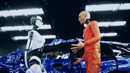 Robot crash test dummy and female robot. Future concept. 3d rendering. © 3D motion
