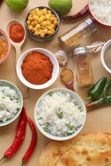 Traditional Indian food and spices on color background