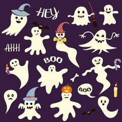 Set of Halloween scary ghosts. Perfect for holiday, decoration, stickers, icons.