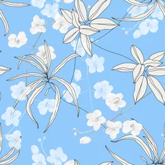 Poster Floral seamless pattern, black and white golden shower flowers and line art leaves on blue © momosama