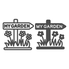 Garden signboard, arrow sign with flower line and solid icon, gardening concept, garden pointer vector sign on white background, outline style icon for mobile concept and web design. Vector graphics.