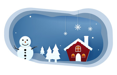 Fototapeta na wymiar Snowman Snow Winter Papercut Paper Cut Style Illustration