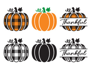 Set of cute decorative pumpkins with plaid pattern. Pumpkin split frame vector illustration.