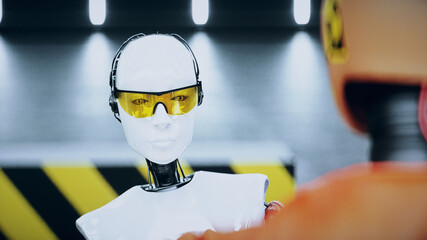 Robot crash test dummy and female robot. Future concept. 3d rendering. - obrazy, fototapety, plakaty