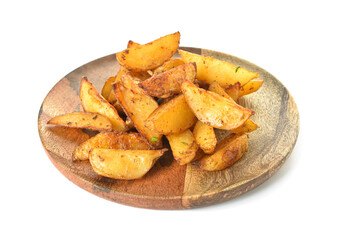 Plate with tasty baked potato on white background