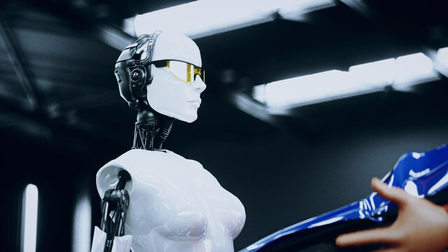 Robot crash test dummy and female robot. Future concept. 3d rendering.