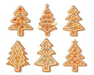 Christmas gingerbread trees vector collection. Merry Christmas and Happy New Year figures cover by icing-sugar. 