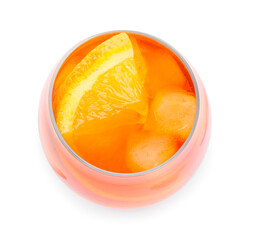 Glass of Aperol spritz cocktail on white background