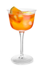 Glass of Aperol spritz cocktail on white background