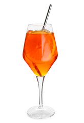 Glass of Aperol spritz cocktail on white background