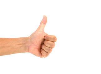 The man's hand thumbs up, showing Excellent Symbol. on isolated white background