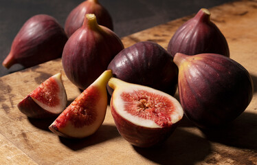 Lots of figs on the cutting board and cut figs.