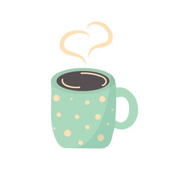 A mug with polka dots for a hot drink with heart shaped steam. Vector illustration. 