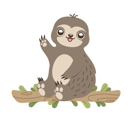 Cute waving sloth sitting on a branch clipart vector illustration.