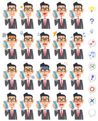 スマートフォンで会話する眼鏡をかけたビジネスマンの20種類の表情と上半身
