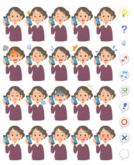電話で会話するシニアの女性の20種類の表情と上半身
