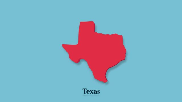 3d animated map showing the state of Texas from the United State of America isolated on blue background. 3d Texas state. USA. Text or labels Texas with silhouette