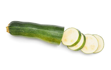 Fresh zucchini squash and slices on white background