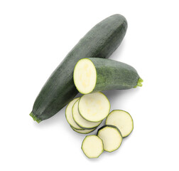 Fresh zucchini squash and slices on white background