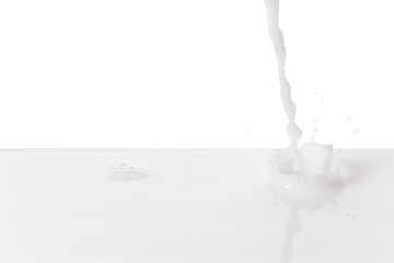 Pouring delicious milk on white background