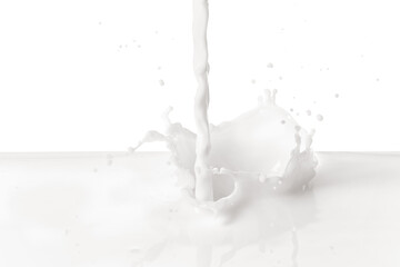 Pouring delicious milk on white background