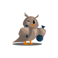 School owls. Color cute birds studying chemical in school. Teaching education cartoon vector characters