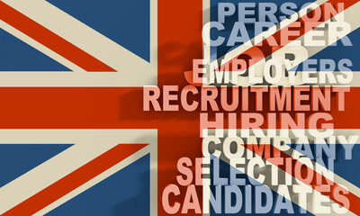 Business concept of employment tags cloud. Flag of United Kingdom