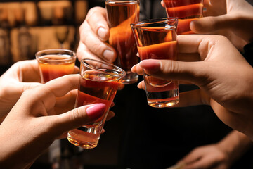 Friends with shots of tasty tequila in bar