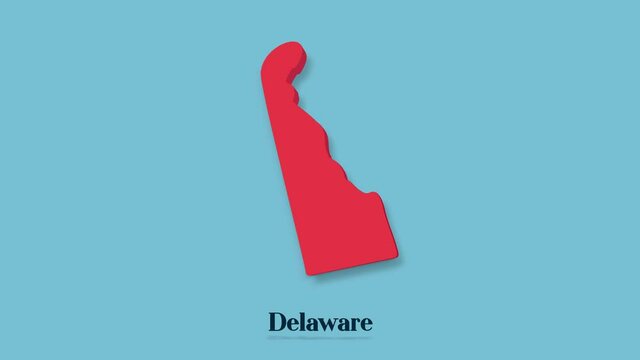 3d animated map showing the state of Delaware from the United State of America isolated on blue background. 3d Delaware state. USA. Text or labels Delaware with silhouette