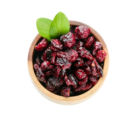 Bowl with tasty dried cranberries on white background