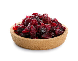 Bowl with tasty dried cranberries on white background
