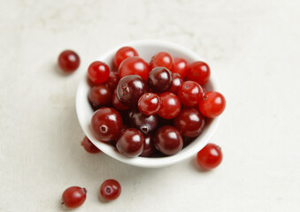 Bowl with healthy cranberries on light background