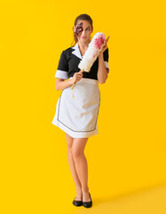 Woman dressed for Halloween as chambermaid with dust brush on color background