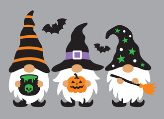Three Halloween wizard gnomes holding a pumpkin, poison pot, and broomstick vector illustration.