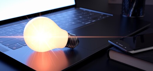 Illuminated light bulb above laptop on elegant desk. 