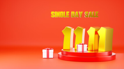 11.11 Single day sale. Banner 11 number on podium scene with gift box on red background, banner template design for social media and website, Sale promotion super shopping day concept, 3D illustration