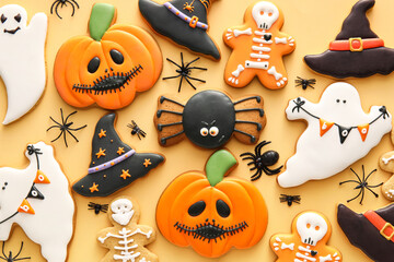 Obraz na płótnie Canvas Tasty cookies for Halloween celebration on color background