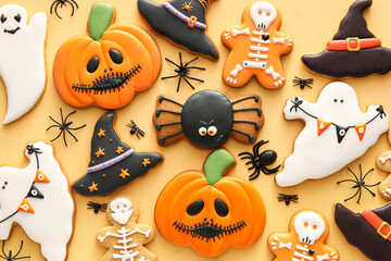 Obraz premium Tasty cookies for Halloween celebration on color background