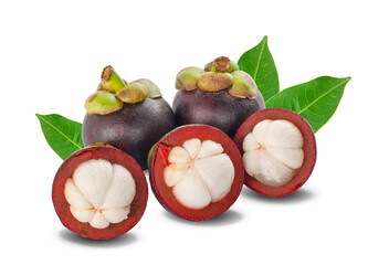 Isolated mangosteens. Two whole fruits and one half isolated on white background with clipping path