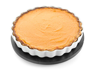 Baking dish with tasty pumpkin pie on white background