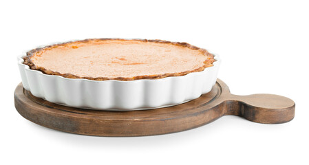 Baking dish with tasty pumpkin pie on white background